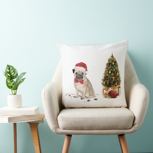 Pug Funny Kersthond met boom Kussen (Stoel)