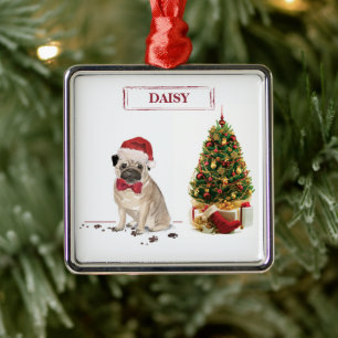 Pug Funny Kersthond met boom Metalen Ornament