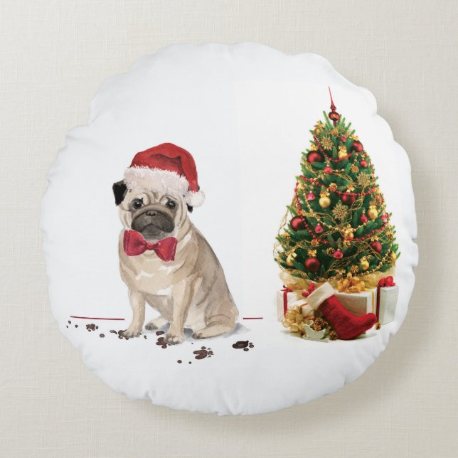 Pug Funny Kersthond met boom Rond Kussen (Voorkant)