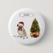 Pug Funny Kersthond met boom Ronde Button 5,7 Cm (Voorkant)