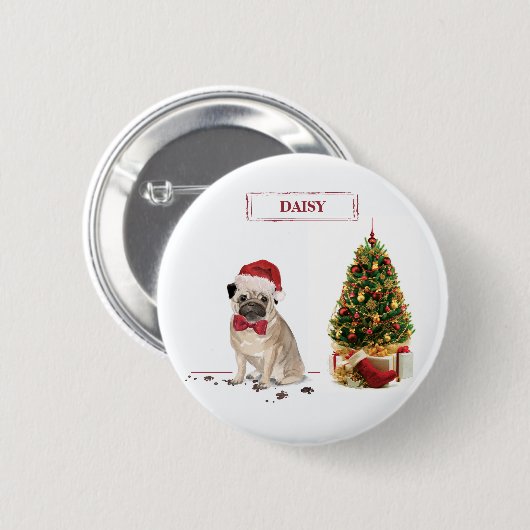 Pug Funny Kersthond met boom Ronde Button 5,7 Cm (Voorkant /achterkant)