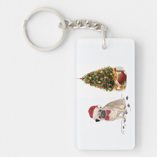 Pug Funny Kersthond met boom Sleutelhanger (Voorkant)