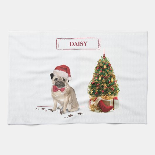 Pug Funny Kersthond met boom Theedoek (Horizontaal)