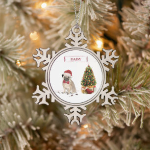 Pug Funny Kersthond met boom Tin Sneeuwvlok Ornament