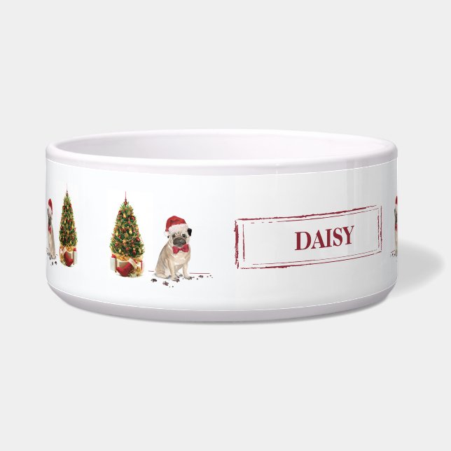 Pug Funny Kersthond met boom Voerbakje (Links)