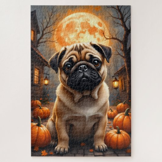 Pug Geheime Dorp Halloween Portret Kunst Legpuzzel (Verticaal)