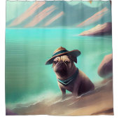 Pug geniet van strandschilderkunst douchegordijn (Voorkant)