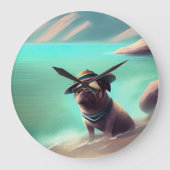 Pug geniet van strandschilderkunst grote klok (Voorkant)