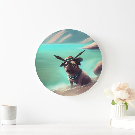 Pug geniet van strandschilderkunst grote klok (Huis)