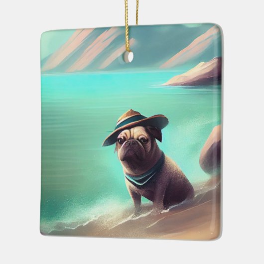 Pug geniet van strandschilderkunst keramisch ornament (Links)