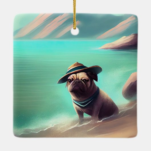 Pug geniet van strandschilderkunst keramisch ornament (Achterkant)