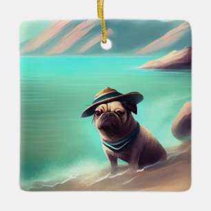 Pug geniet van strandschilderkunst keramisch ornament