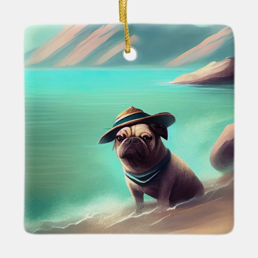 Pug geniet van strandschilderkunst keramisch ornament (Voorkant)