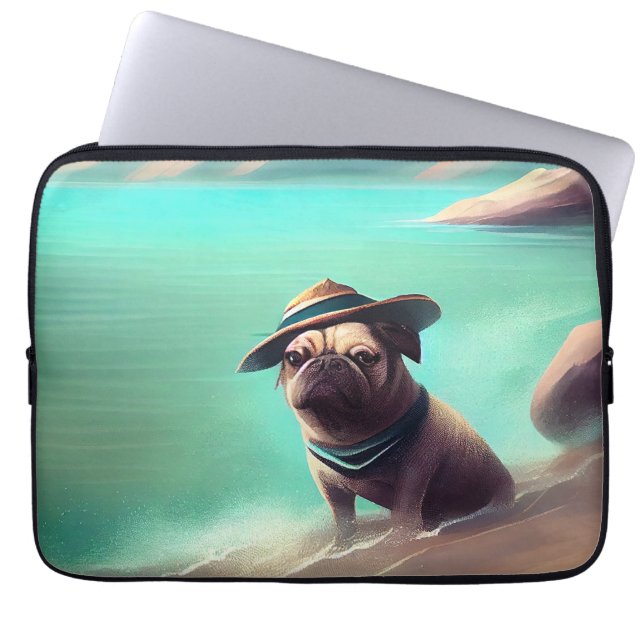 Pug geniet van strandschilderkunst laptop sleeve (Voorkant)