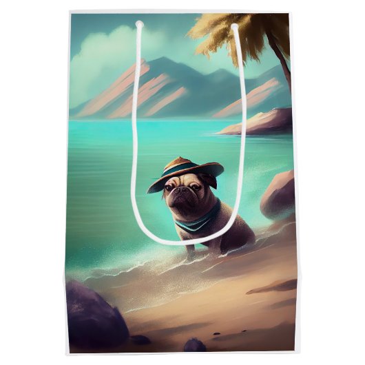 Pug geniet van strandschilderkunst medium cadeauzakje (Achterkant)