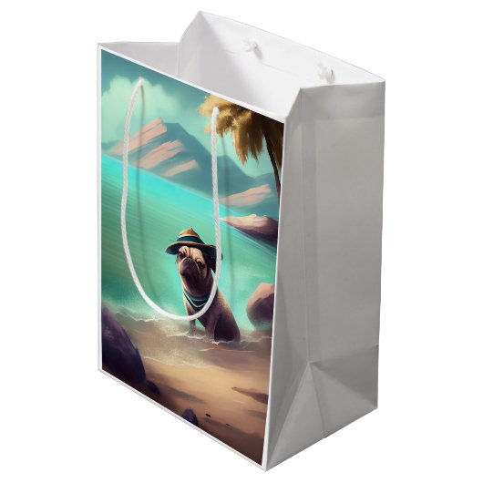 Pug geniet van strandschilderkunst medium cadeauzakje (Achterkant Gekanteld)