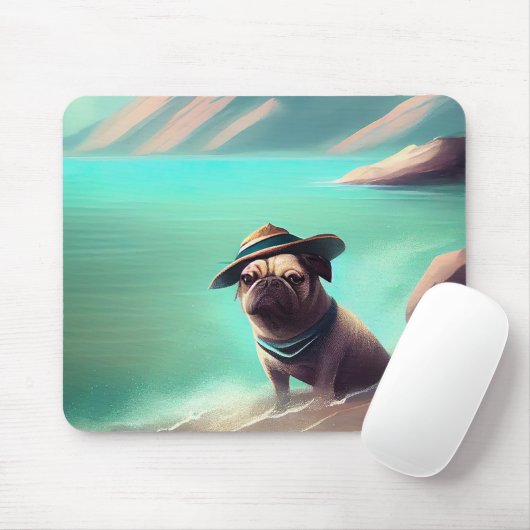 Pug geniet van strandschilderkunst muismat (Met muis)