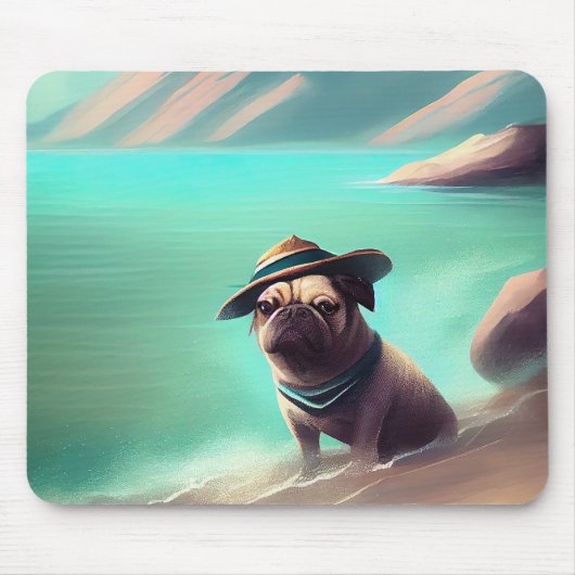 Pug geniet van strandschilderkunst muismat (Voorkant)