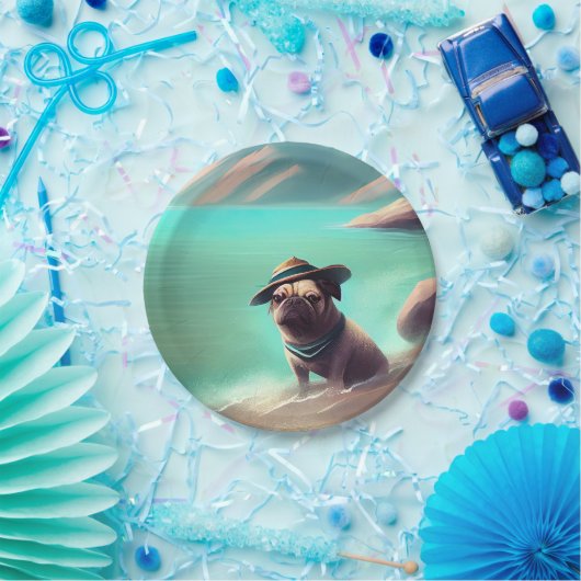Pug geniet van strandschilderkunst papieren bordje (Feest)