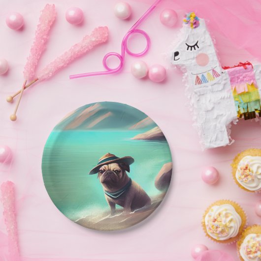 Pug geniet van strandschilderkunst papieren bordje (Feest)