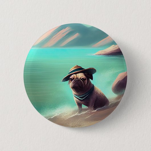 Pug geniet van strandschilderkunst ronde button 5,7 cm (Voorkant)