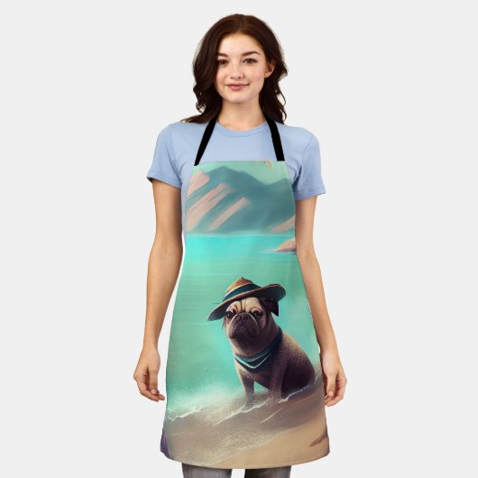 Pug geniet van strandschilderkunst schort (Gedragen)
