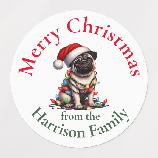 Pug gepersonaliseerde retro vintage kerstwensen labels (Design 1)