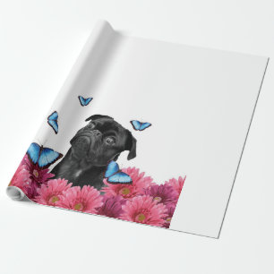 Pug Gerbera Butterflies Cute Black Dog Cadeaupapier