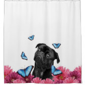 Pug Gerbera Butterflies | Cute Black Dog Douchegordijn (Voorkant)