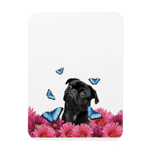 Pug Gerbera Butterflies | Cute Black Dog Magneet (Verticaal)