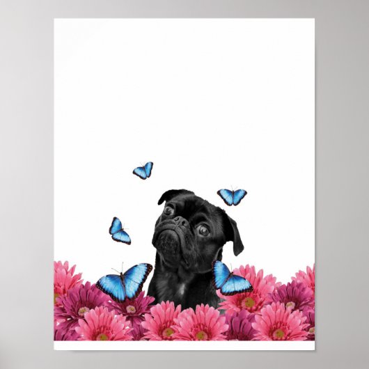 Pug Gerbera Butterflies | Cute Black Dog Poster (Voorkant)