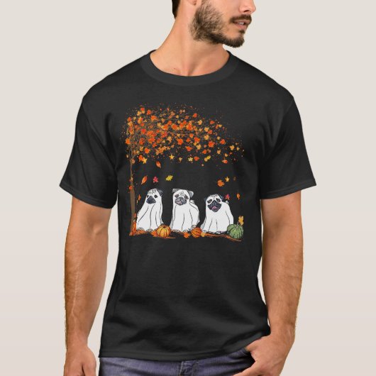 Pug Ghost Cute Under Fall Tree Halloween Autumn Do T-shirt (Voorkant)
