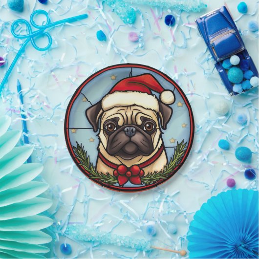 Pug Glas in lood Kerst Papieren Bordje (Feest)