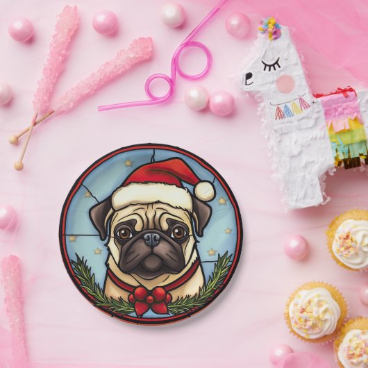 Pug Glas in lood Kerst Papieren Bordje (Feest)