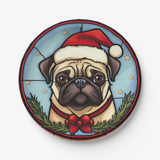 Pug Glas in lood Kerst Papieren Bordje (Voorkant)