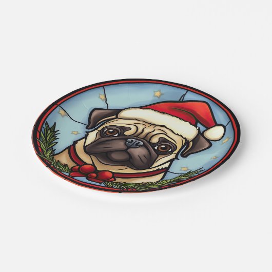 Pug Glas in lood Kerst Papieren Bordje (Gekanteld)