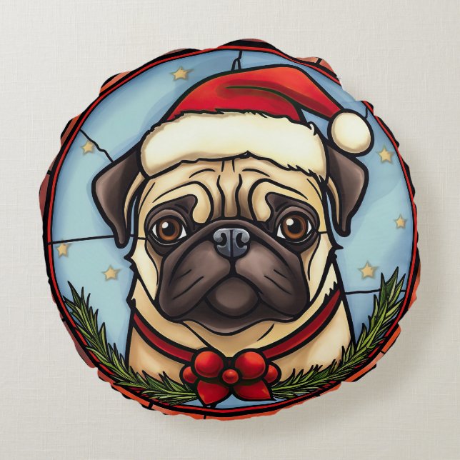 Pug Glas in lood Kerst Rond Kussen (Achterkant)