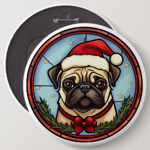 Pug Glas in lood Kerst Ronde Button 6,0 Cm