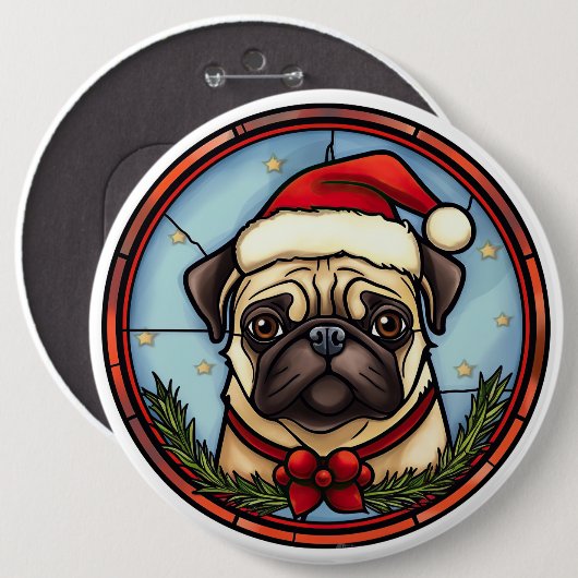 Pug Glas in lood Kerst Ronde Button 6,0 Cm (Voorkant /achterkant)
