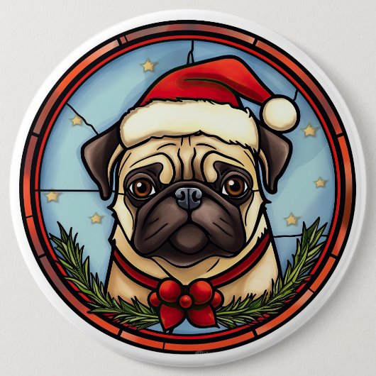 Pug Glas in lood Kerst Ronde Button 6,0 Cm (Voorkant)