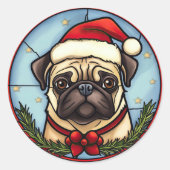 Pug Glas in lood Kerst Ronde Sticker (Voorkant)