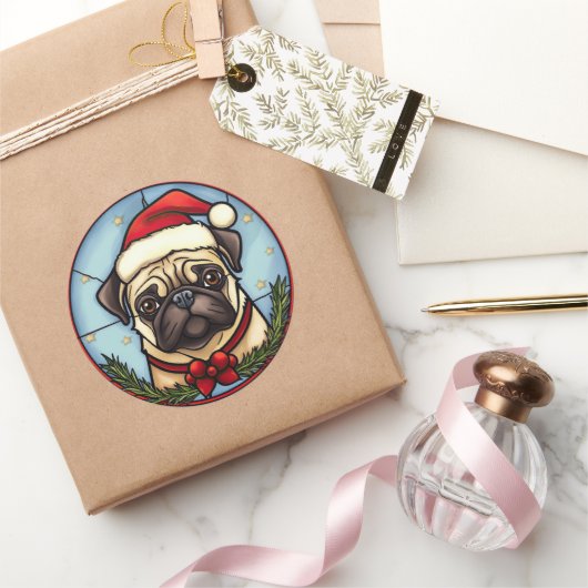 Pug Glas in lood Kerst Ronde Sticker (Geschenken)