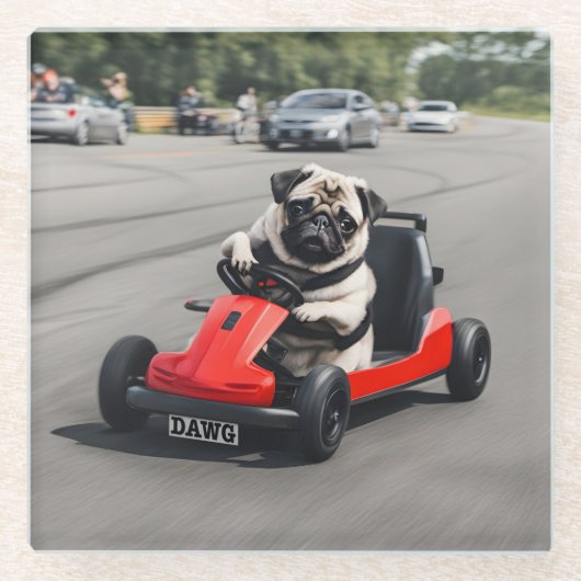 Pug go-kart racen glazen onderzetter (Voorkant)