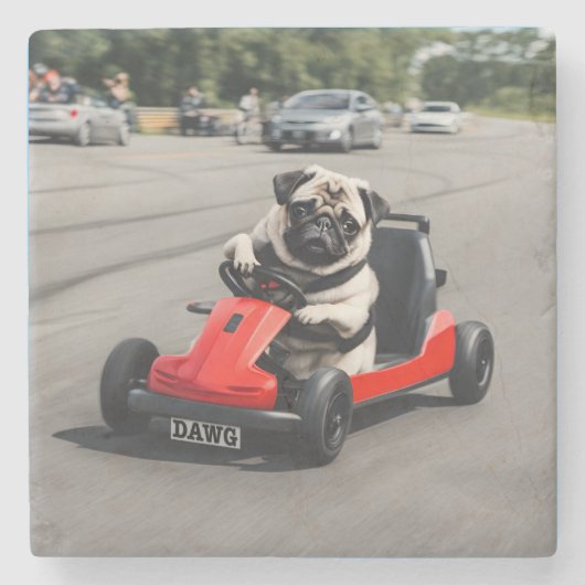 Pug go-kart racen stenen onderzetter (Voorkant)