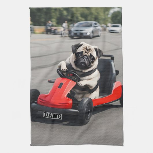 Pug go-kart racen theedoek (Verticaal)