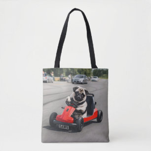 Pug go-kart racen tote bag