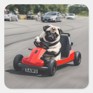 Pug go-kart racen vierkante sticker