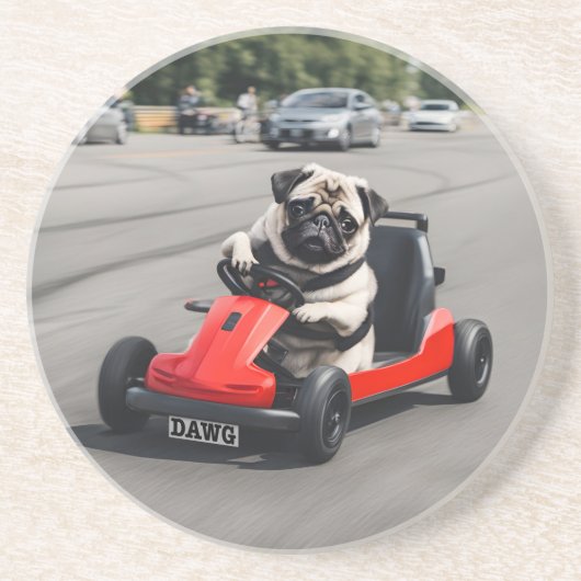 Pug go-kart racen zandsteen onderzetter (Voorkant)