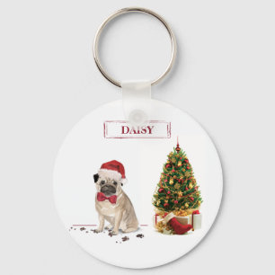 Pug Grappige Kersthond met Boom Sleutelhanger