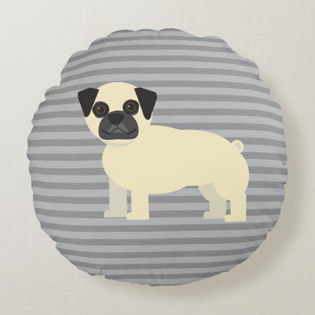 Pug grijs gestreept rond kussen (Voorkant)